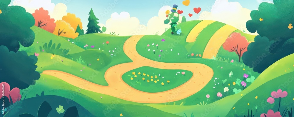 Whimsical cartoon landscape with winding paths and vibrant nature elements in a magical forest setting Whimsical cartoon landscape with winding paths and vibrant nature elements in a magical forest setting