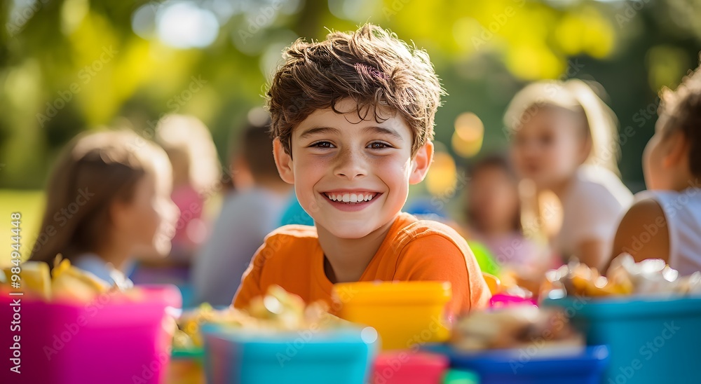 Smiling Children at a wooden table outdoors eating from lunch boxes with space for text Smiling Children at a wooden table outdoors eating from lunch boxes with space for text