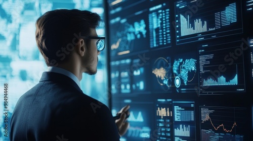 A Businessman Analyzing Data on Multiple Screens in a Dark Room