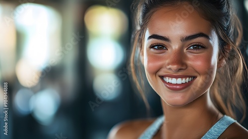 Close-up portrait of a beautiful woman smiling at the gym, with a blurred background