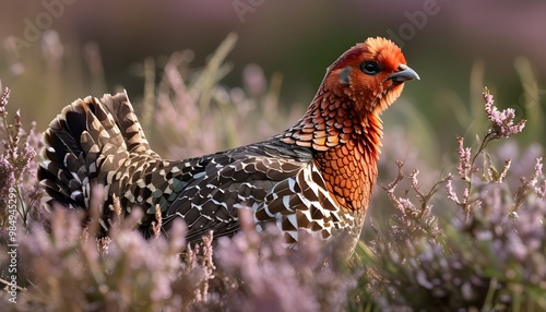 Red grouse camouflaged among vibrant heather in a serene field setting photo