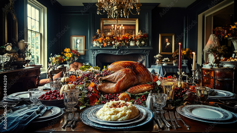 Fototapeta premium Luxurious table setting with traditional Thanksgiving dishes, roast turkey, mashed potatoes, cranberry sauce, pumpkin pie against autumn decorations in home, USA, holiday, celebration, seasonal food