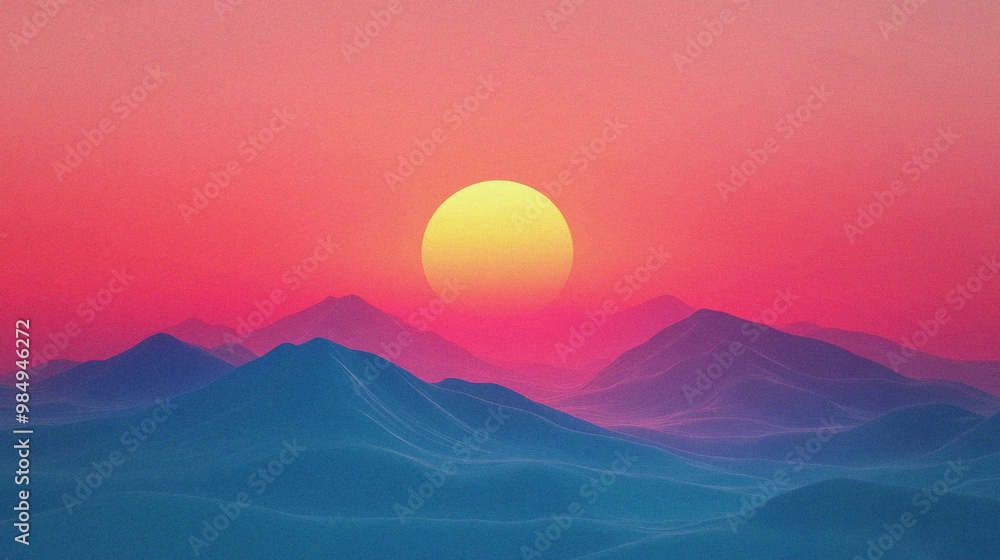 Sunset Over Mountains: A vibrant, surreal landscape with a large, yellow sun setting behind a range of blue mountains. The sky is a gradient of pink and orange, creating a dramatic and atmospheric bac Sunset Over Mountains: A vibrant, surreal landscape with a large, yellow sun setting behind a range of blue mountains. The sky is a gradient of pink and orange, creating a dramatic and atmospheric bac