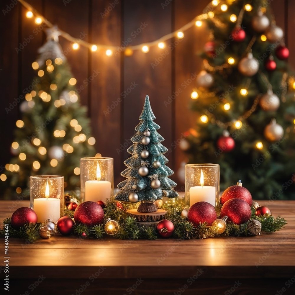Festive Christmas able Mock-up: Lit Tree, Glass Baubles, Warm Candles, and Creative Banner with Copy Space for Holiday Message Festive Christmas able Mock-up: Lit Tree, Glass Baubles, Warm Candles, and Creative Banner with Copy Space for Holiday Message