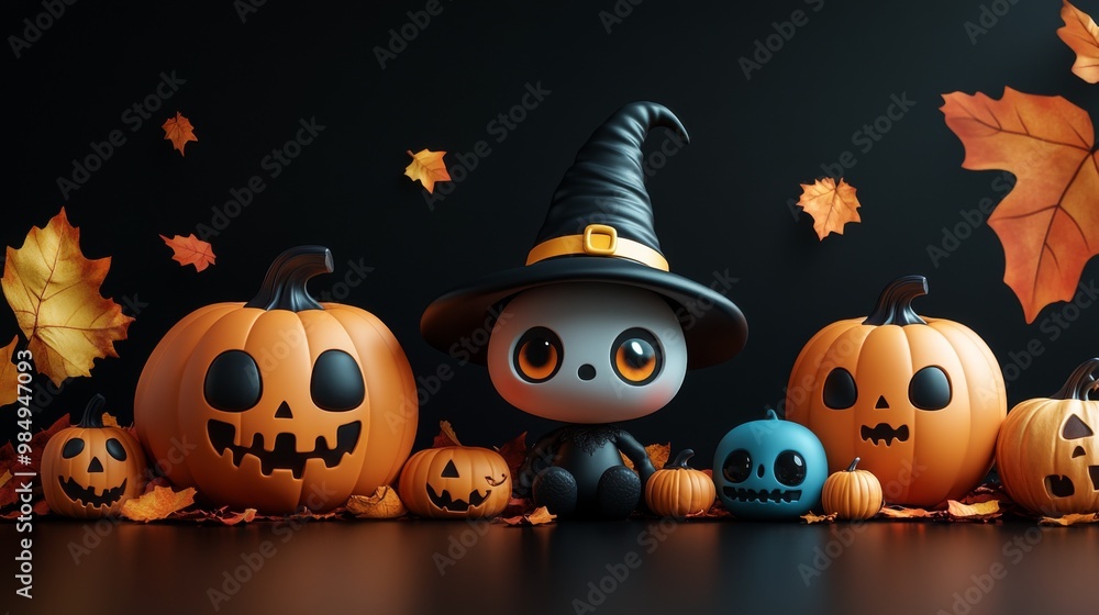 Adorable Halloween Pumpkin Characters in Witch Hats Surrounded by Autumn Leaves Adorable Halloween Pumpkin Characters in Witch Hats Surrounded by Autumn Leaves