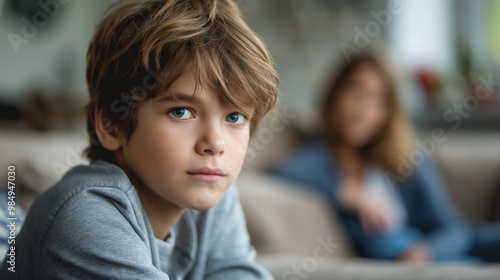 Boy sitting apart from his family on a sofa.