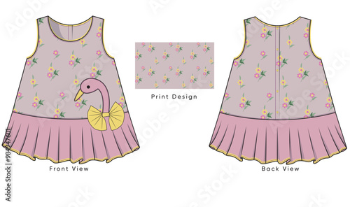 Girls printed and applique embroidered Dress Vector Illustration