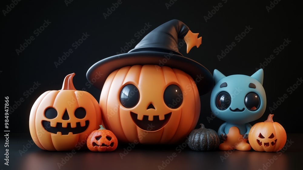 Adorable Halloween Pumpkin Characters in Witch Hats Surrounded by Autumn Leaves Adorable Halloween Pumpkin Characters in Witch Hats Surrounded by Autumn Leaves