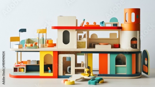 Colorful Wooden Dollhouse with Multiple Rooms and Accessories