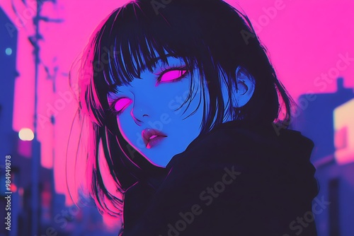 Neon anime girl portrait, blue and pink color scheme, digital art illustration