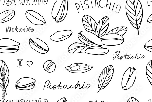 Seamless pattern of pistachios and pistachios in shell. Nuts. Pistache. Healthy food. Doodle vector illustration EPS10. Hand drawn. Isolated on white background