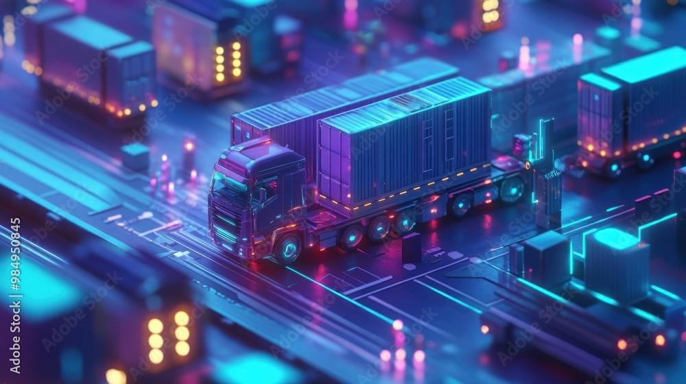 Futuristic Semi-Truck with Neon Lights on Circuit Board Futuristic Semi-Truck with Neon Lights on Circuit Board