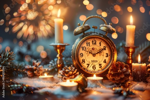 A vintage clock counting down to midnight on New Year's Eve with fireworks illuminating the night sky photo