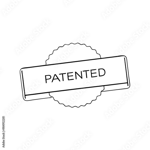 Patented label with circular border and ribbon in black and white