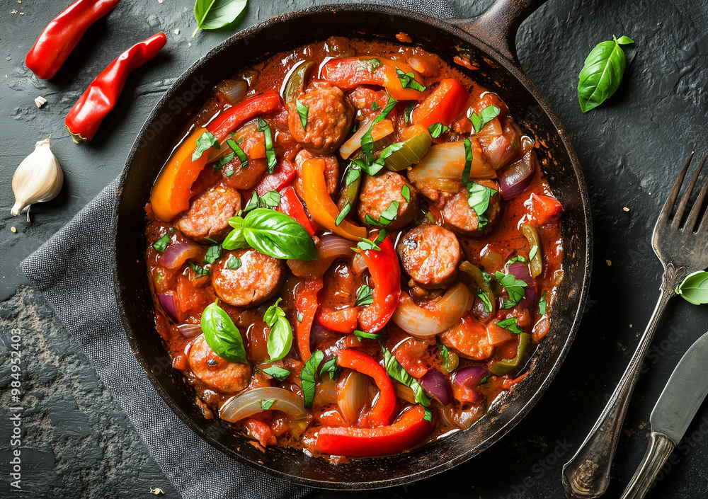 Italian sausage peppers and onions with tomato sauce sprinkled with fresh basil and parsley, view from above Italian sausage peppers and onions with tomato sauce sprinkled with fresh basil and parsley, view from above