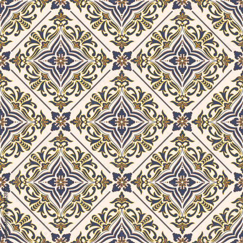Traditional spanish floral ornament floor tiles. Portuguese motifs. Intricate mosaic pattern design