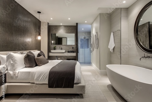 Luxurious and Modern Interior Design of a Stylish Bedchamber and Bathroom in Gray and White Tones