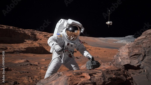 Scientist in space suit experimenting on alien terrain