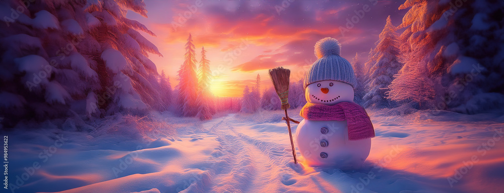 A snowman with a broom in a serene snowy forest at sunset. Winter landscape with pink fairytale sunlight.