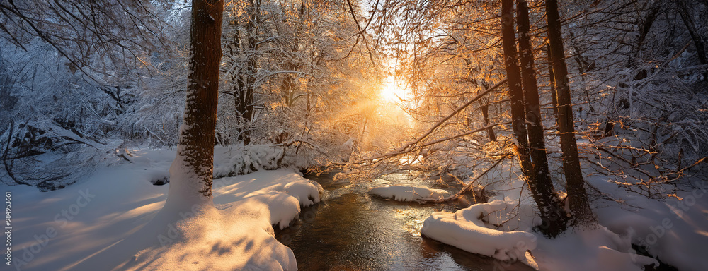 Winter forest with a stream, illuminated by a soft golden sunset.