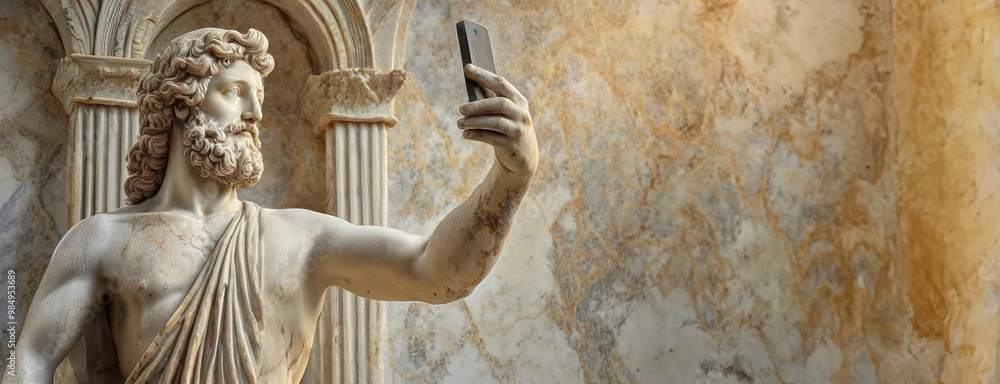 A classical marble statue takes a selfie with a modern smartphone against an ancient backdrop. Panorama with copy space.