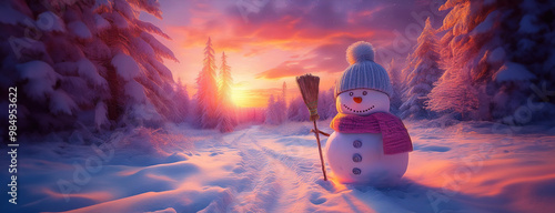 Obraz na płótnie A snowman with a broom in a serene snowy forest at sunset. Winter landscape with pink fairytale sunlight. w salonie