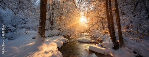 Obraz na płótnie Winter forest with a stream, illuminated by a soft golden sunset. w salonie