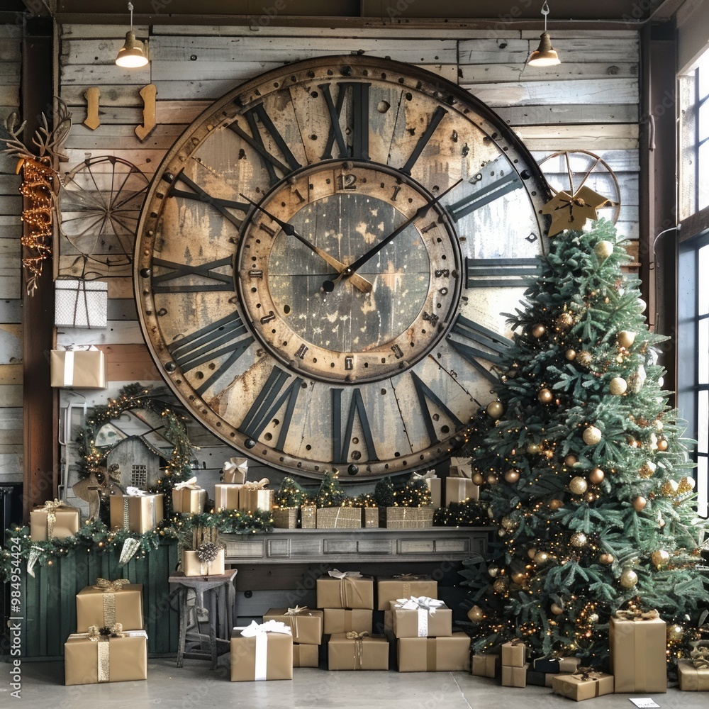 Fototapeta premium Intricately designed vintage clock striking twelve amidst festive decorations to welcome the New Year in 2025 with warm golden lights