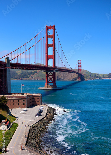 Golden Gate Bridge Overlooking San Francisco Bay Under Clear Blue Sky