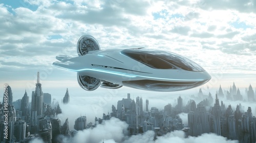 Futuristic White Flying Vehicle Above Cloudy Cityscape photo