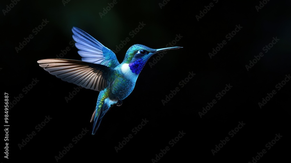 A Vibrant Hummingbird in Flight Against a Dark Background A Vibrant Hummingbird in Flight Against a Dark Background