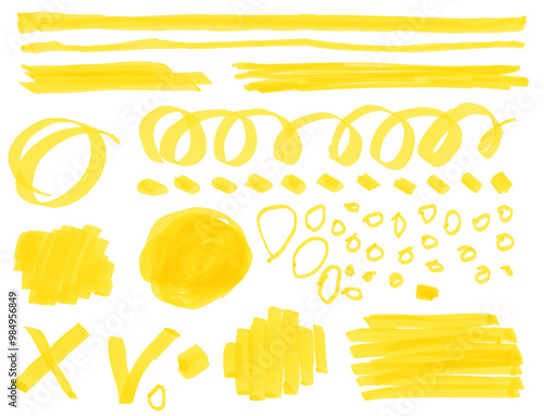 Hand drawn sketch hatching line smear stroke. Felt-tip pen, watercolor marker texture stain isolated on white background. Yellow color.
