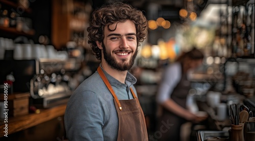 Portrait of Smiling Young Barista with Curly Hair in Cozy Coffee Shop