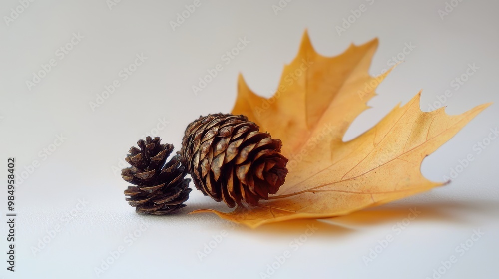 Obraz premium Autumn Pinecones and Maple Leaf on White Background
