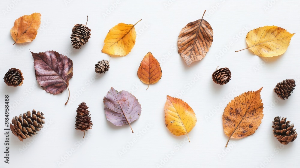 Autumn Leaves and Pine Cones on White Background Autumn Leaves and Pine Cones on White Background