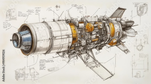 Fototapeta Naklejka Na Ścianę i Meble -  A detailed illustration of a futuristic spacecraft with cutaway views showing its internal mechanisms and labelled components.