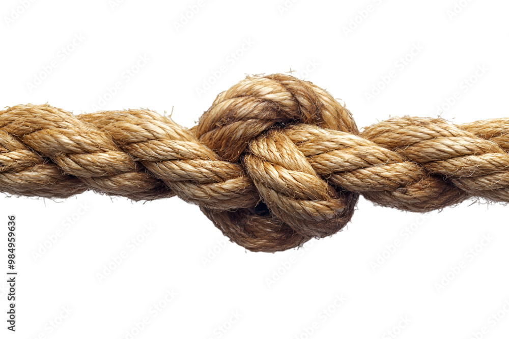 A close-up of a rope tied in a knot, set against a clean white background, emphasizing the texture and detail of the fibers. A close-up of a rope tied in a knot, set against a clean white background, emphasizing the texture and detail of the fibers.
