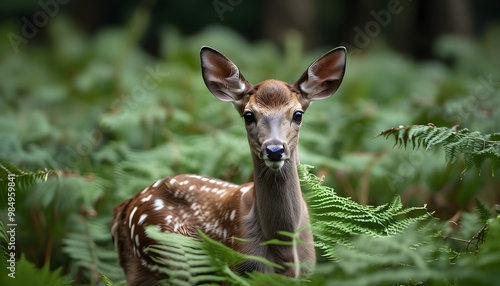 Young fallow deer amidst lush ferns in a tranquil field setting