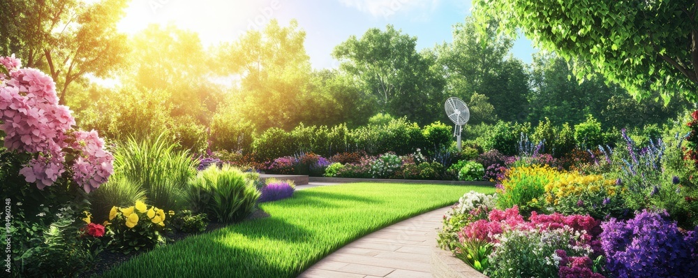 Obraz premium Eco-friendly garden with vibrant flowers and solar panels on a sunny day, showcasing sustainable gardening practices and green building technology