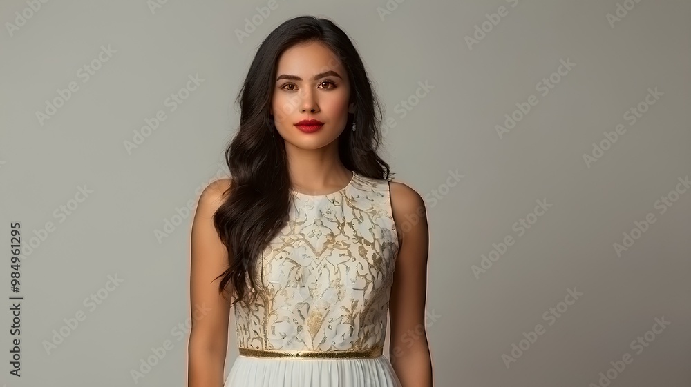A young, dark-haired woman with olive skin wearing a white lace dress A young, dark-haired woman with olive skin wearing a white lace dress