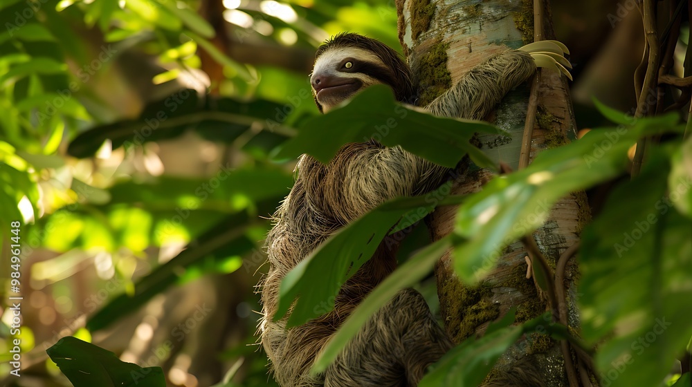 A sloth slowly climbing a towering tree deep in the jungle, surrounded by vibrant green leaves A sloth slowly climbing a towering tree deep in the jungle, surrounded by vibrant green leaves