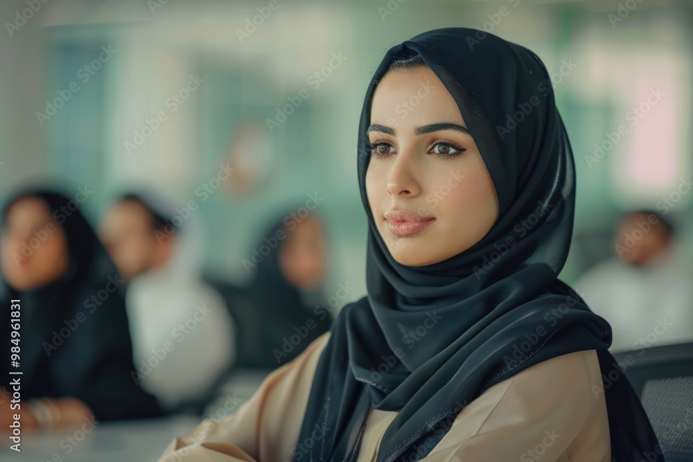 Arab Emirati woman with colleagues wearing Hijab Abaya. Arab Emirati woman with colleagues wearing Hijab Abaya.