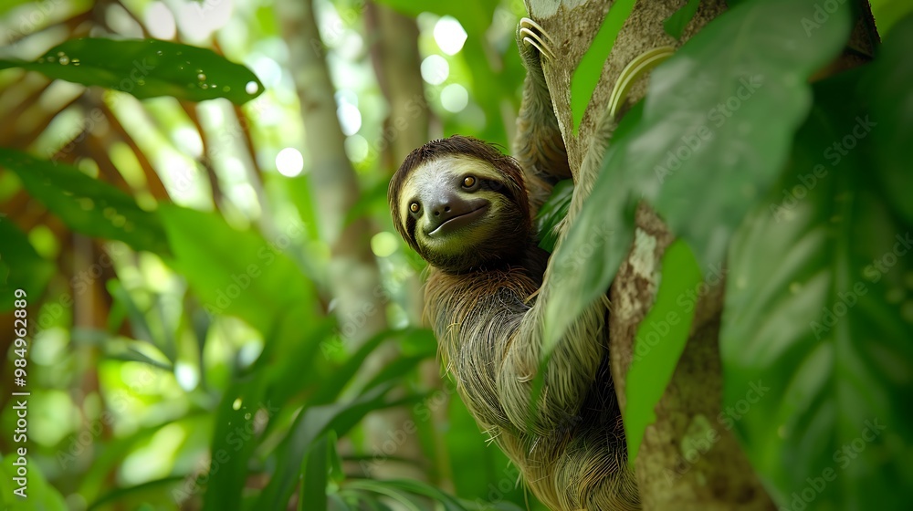 A sloth slowly climbing a towering tree deep in the jungle, surrounded by vibrant green leaves A sloth slowly climbing a towering tree deep in the jungle, surrounded by vibrant green leaves