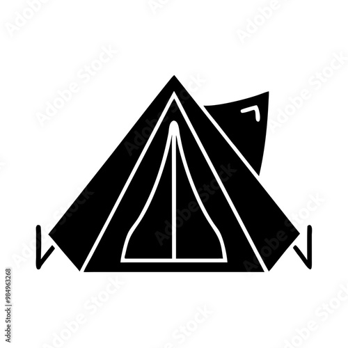 Black tent icon with a minimalist design on a white background