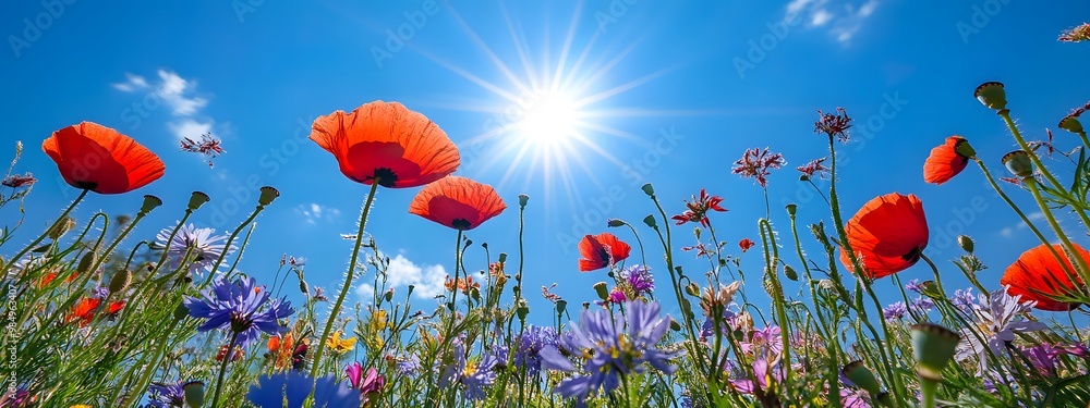 Obraz premium In the foreground, various wildflowers bloom in an open field under the bright sunshine. The sky is blue with white clouds, and there's some lens flare.