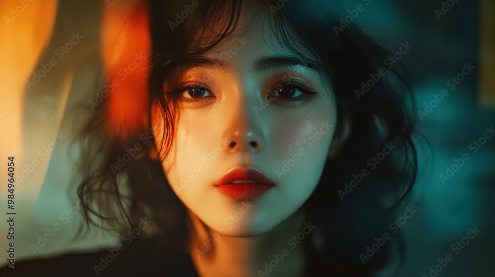Close-up portrait of a young woman with dark hair and red lipstick, illuminated by warm and cool light. Close-up portrait of a young woman with dark hair and red lipstick, illuminated by warm and cool light.