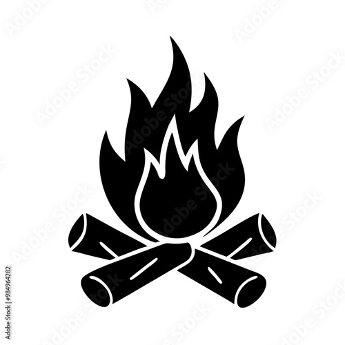 Black campfire icon with a minimalist design on a white background