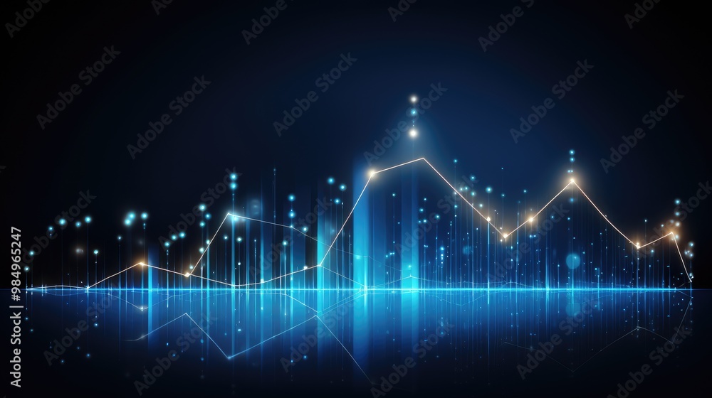 Abstract blue and gold glowing digital line graph with white dots against black background. Abstract blue and gold glowing digital line graph with white dots against black background.