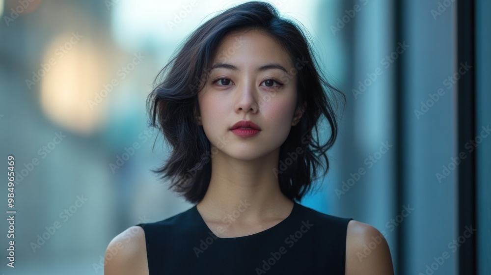 Portrait of a Young Woman with Short Black Hair, Looking Directly at the Camera Portrait of a Young Woman with Short Black Hair, Looking Directly at the Camera