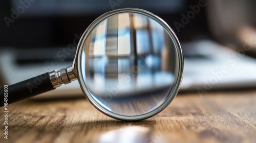 Magnifying Glass on Wooden Surface with Blurred Laptop in Background